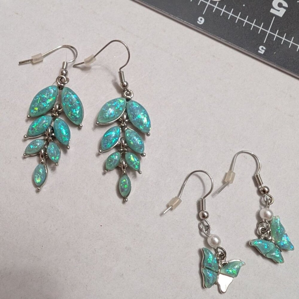 Earrings Green opal 2 sets dangle leaf butterfly silver town pierced vtg‎ READ